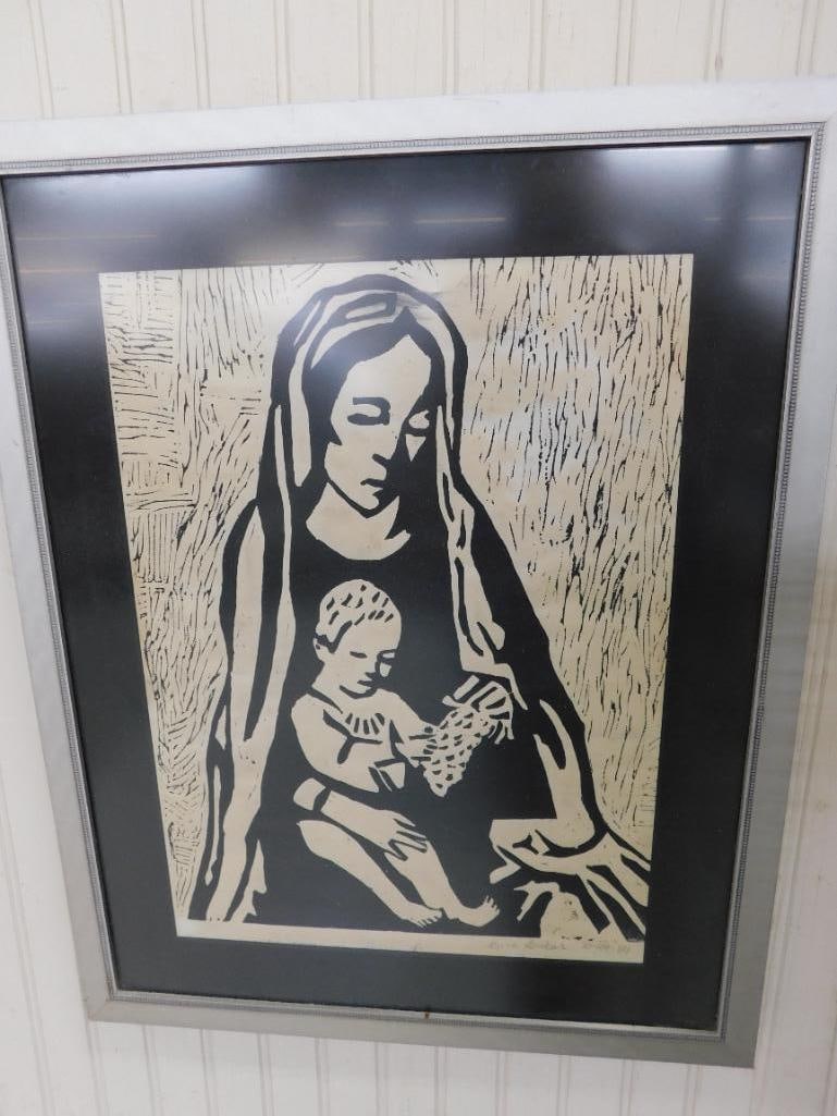 1984 Wood Block Print - Signed Kim Baker - "Madonna and Child" - 21" x 17" - 6