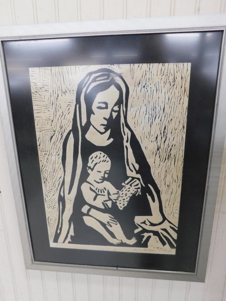 1984 Wood Block Print - Signed Kim Baker - "Madonna and Child" - 21" x 17" - 7