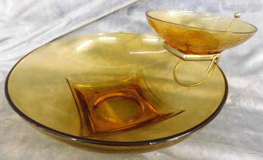 Mid Century Amber Glass 3 Piece Chip and Dip Set - Chip Bowl 3.5" x 11": See Photos For Condition and Details