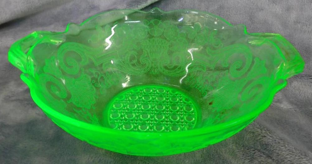 Vaseline / Uranium Glass Etched and Handled Bowl - 3" x 8.75" x 7": See Photos For Condition and Details