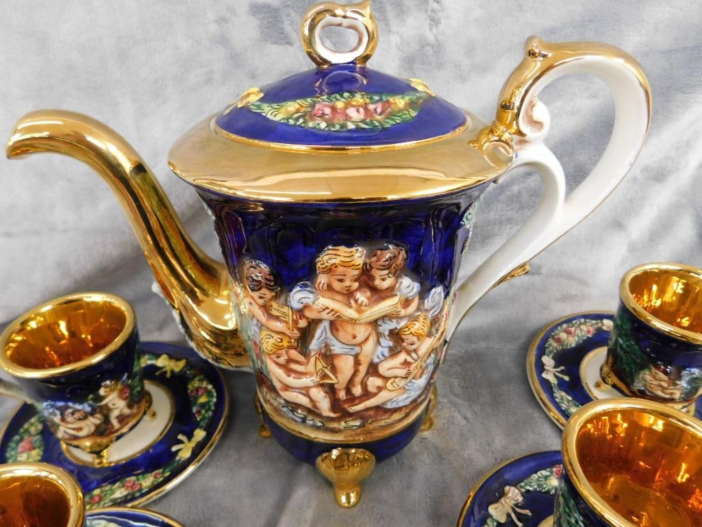 Vintage Italian Capodiomonte Tea Set - Pot - Creamer and Sugar(no Lid) - 5 cups 6 Saucers - 2