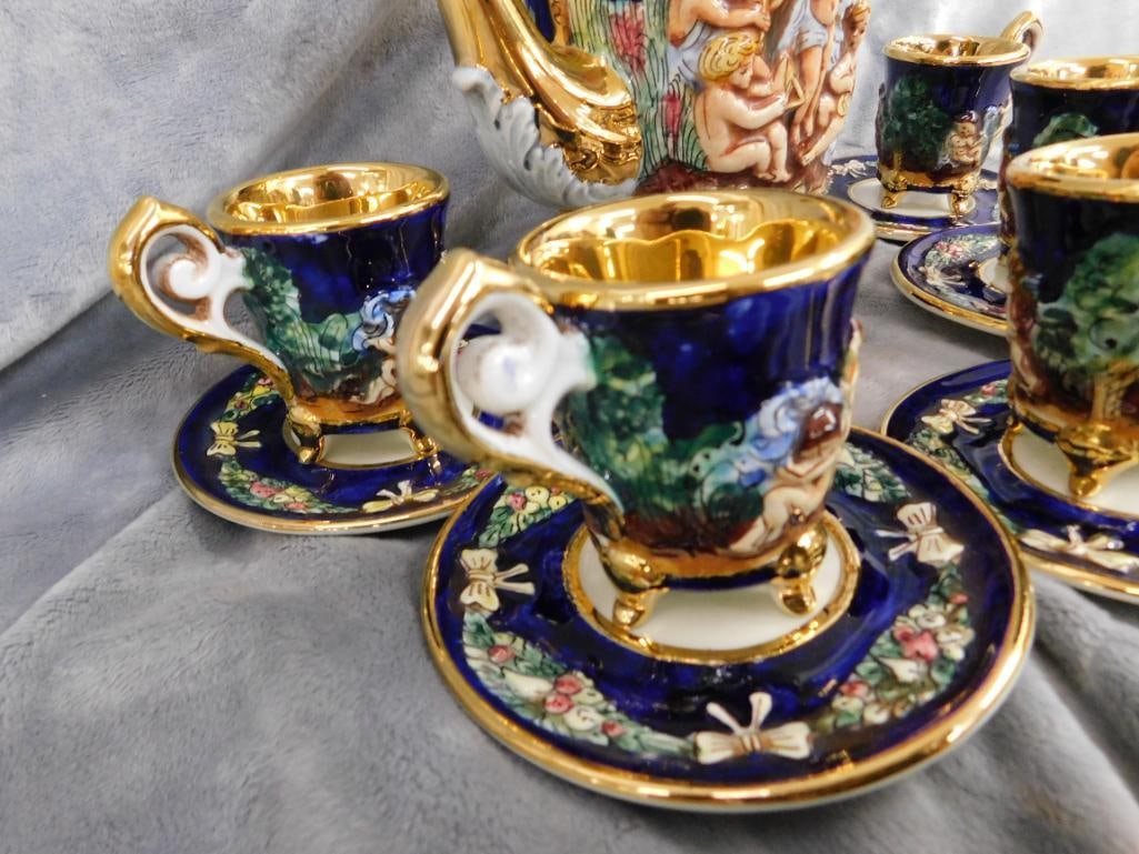 Vintage Italian Capodiomonte Tea Set - Pot - Creamer and Sugar(no Lid) - 5 cups 6 Saucers - 3