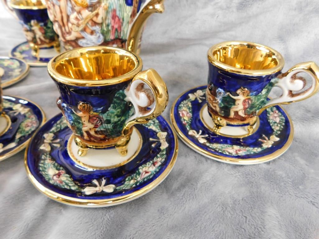 Vintage Italian Capodiomonte Tea Set - Pot - Creamer and Sugar(no Lid) - 5 cups 6 Saucers - 4