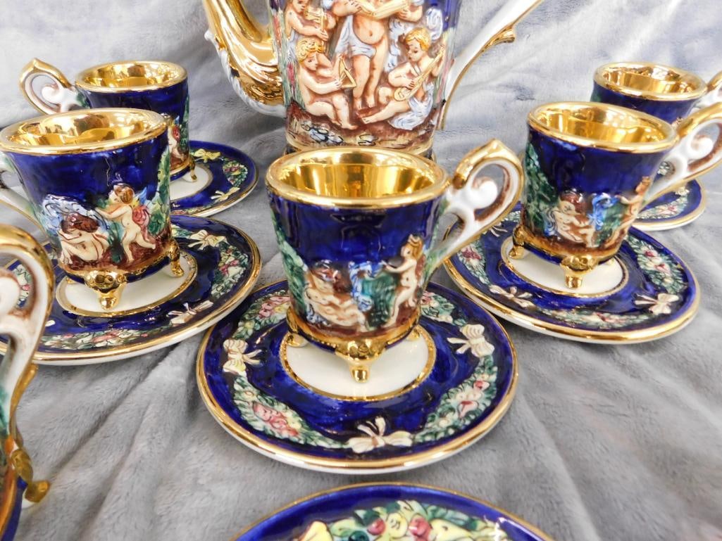 Vintage Italian Capodiomonte Tea Set - Pot - Creamer and Sugar(no Lid) - 5 cups 6 Saucers - 5