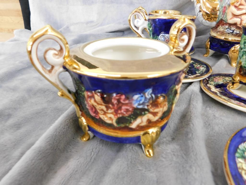Vintage Italian Capodiomonte Tea Set - Pot - Creamer and Sugar(no Lid) - 5 cups 6 Saucers - 6