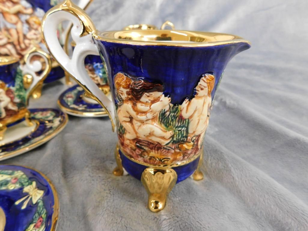 Vintage Italian Capodiomonte Tea Set - Pot - Creamer and Sugar(no Lid) - 5 cups 6 Saucers - 7