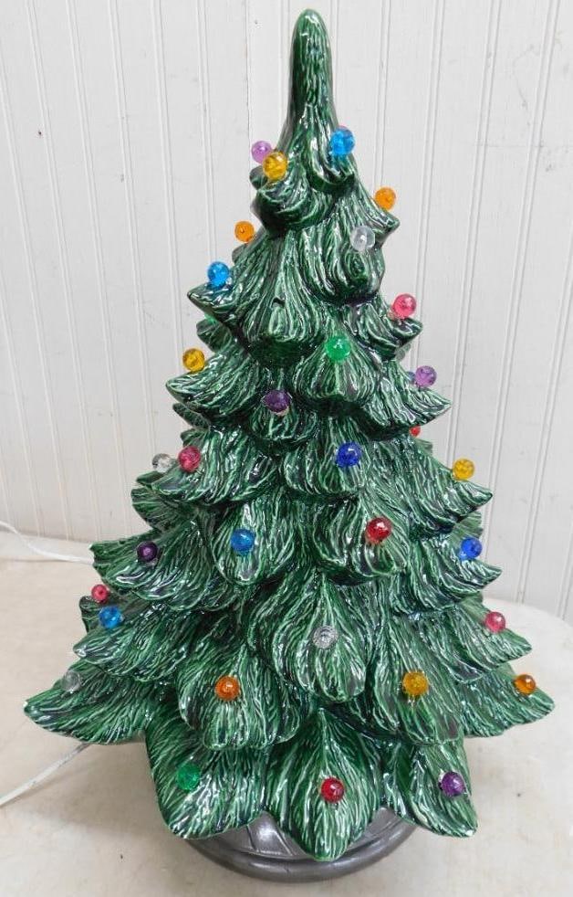 Vintage Mid Century Ceramic Light Up Christmas Tree with Base and Light Pegs 19" x 13": Has a Couple of Small Chips - See Photos For Condition and Details