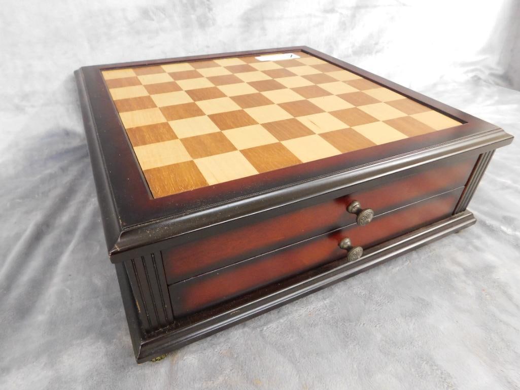 Modern Chess Box with Enameled Chess pieces - Complete - Box 5.25" x 14.5" x 14.5" - 10