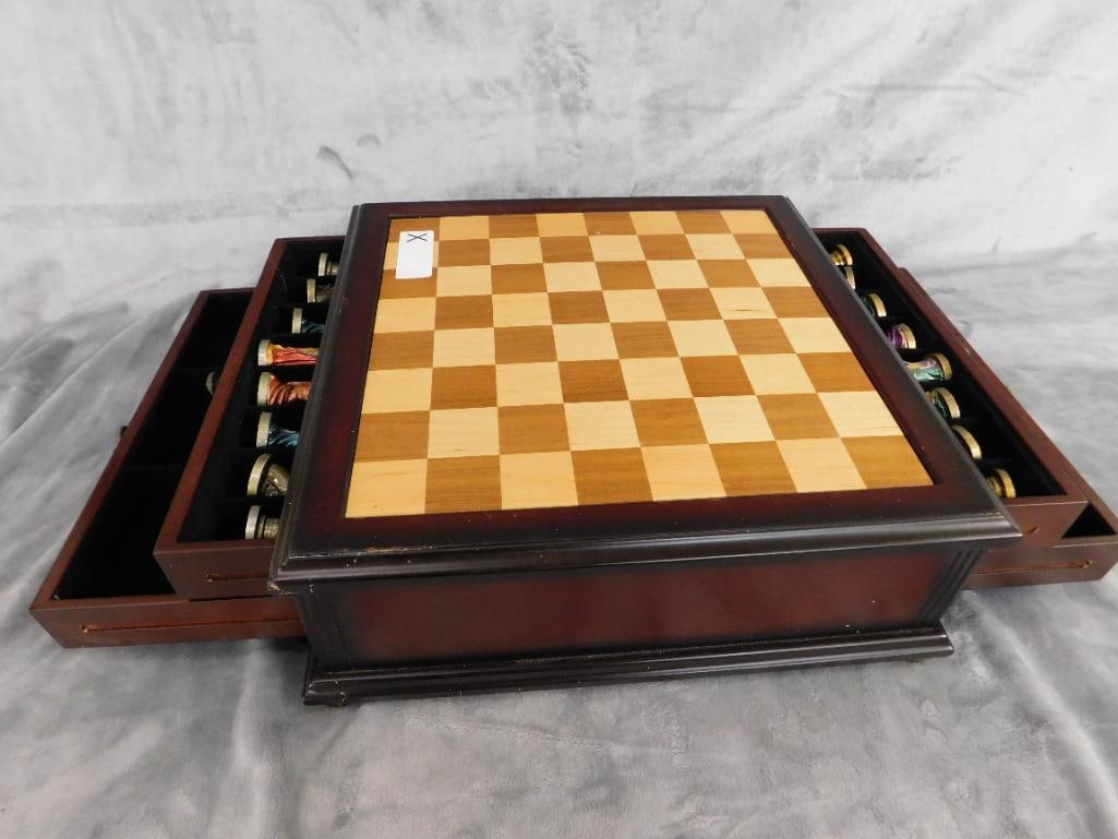 Modern Chess Box with Enameled Chess pieces - Complete - Box 5.25" x 14.5" x 14.5" - 11