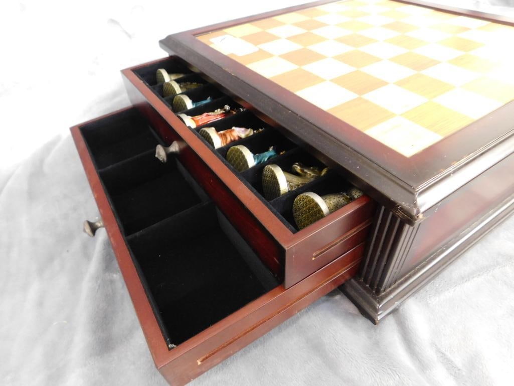 Modern Chess Box with Enameled Chess pieces - Complete - Box 5.25" x 14.5" x 14.5" - 12
