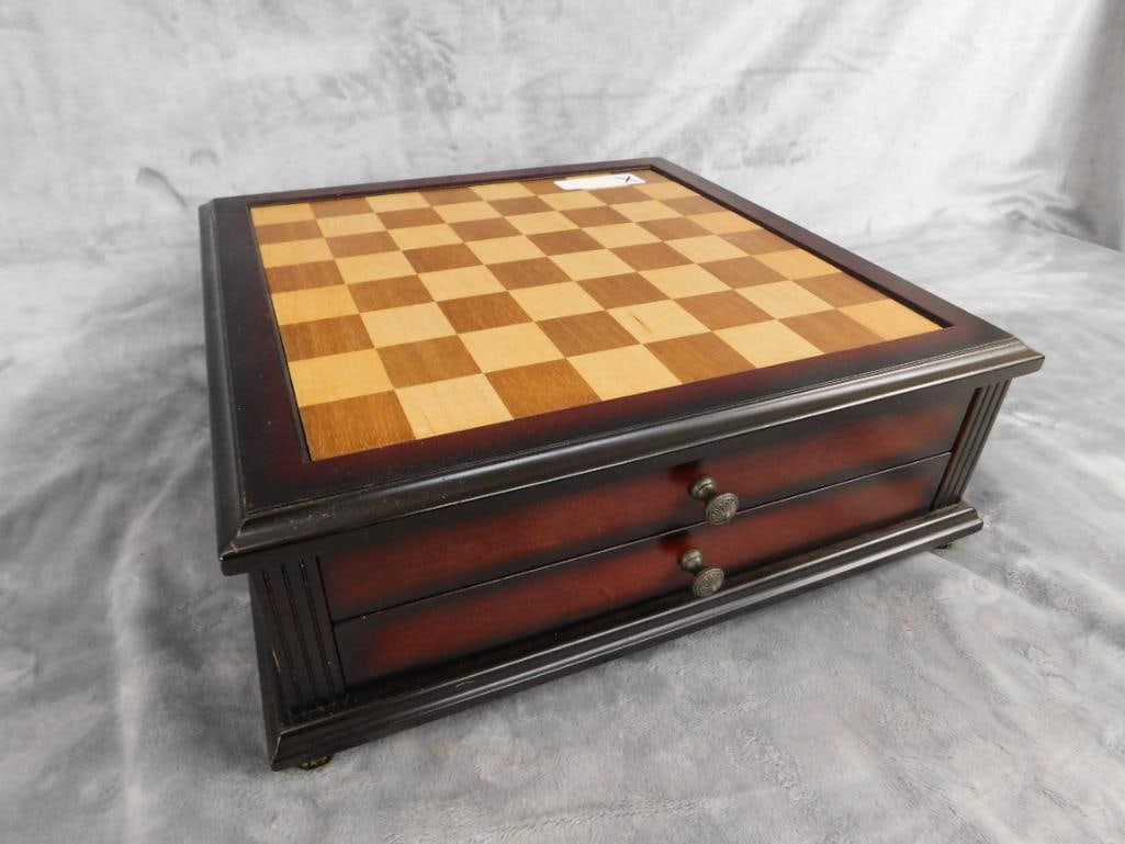 Modern Chess Box with Enameled Chess pieces - Complete - Box 5.25" x 14.5" x 14.5" - 13