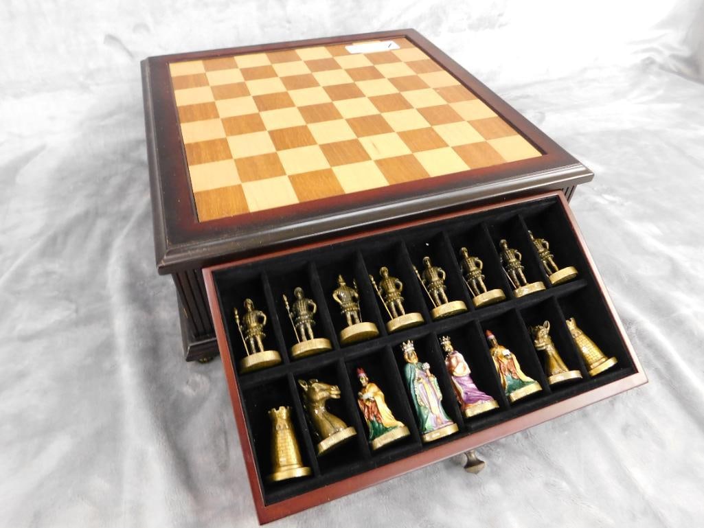 Modern Chess Box with Enameled Chess pieces - Complete - Box 5.25" x 14.5" x 14.5" - 14