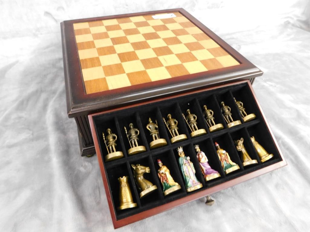 Modern Chess Box with Enameled Chess pieces - Complete - Box 5.25" x 14.5" x 14.5" - 15