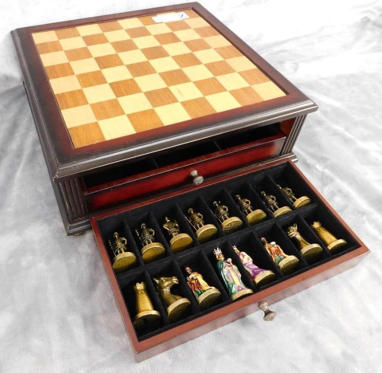 Modern Chess Box with Enameled Chess pieces - Complete - Box 5.25" x 14.5" x 14.5": See Photos For Condition and Details