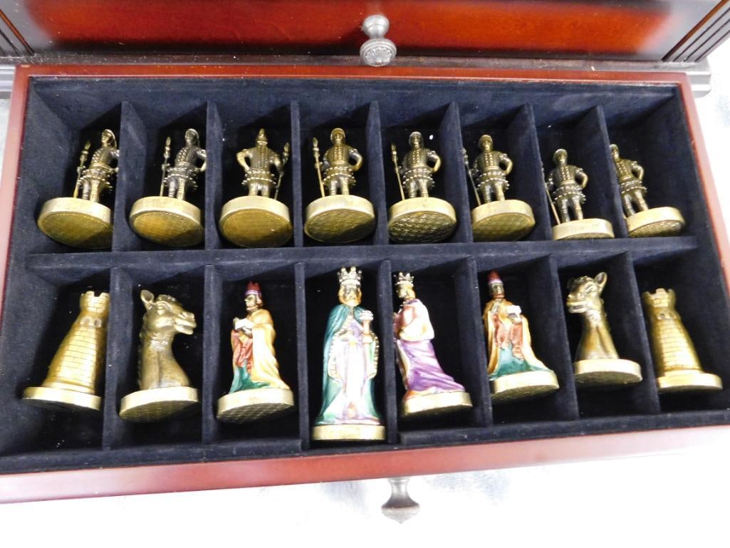 Modern Chess Box with Enameled Chess pieces - Complete - Box 5.25" x 14.5" x 14.5" - 2