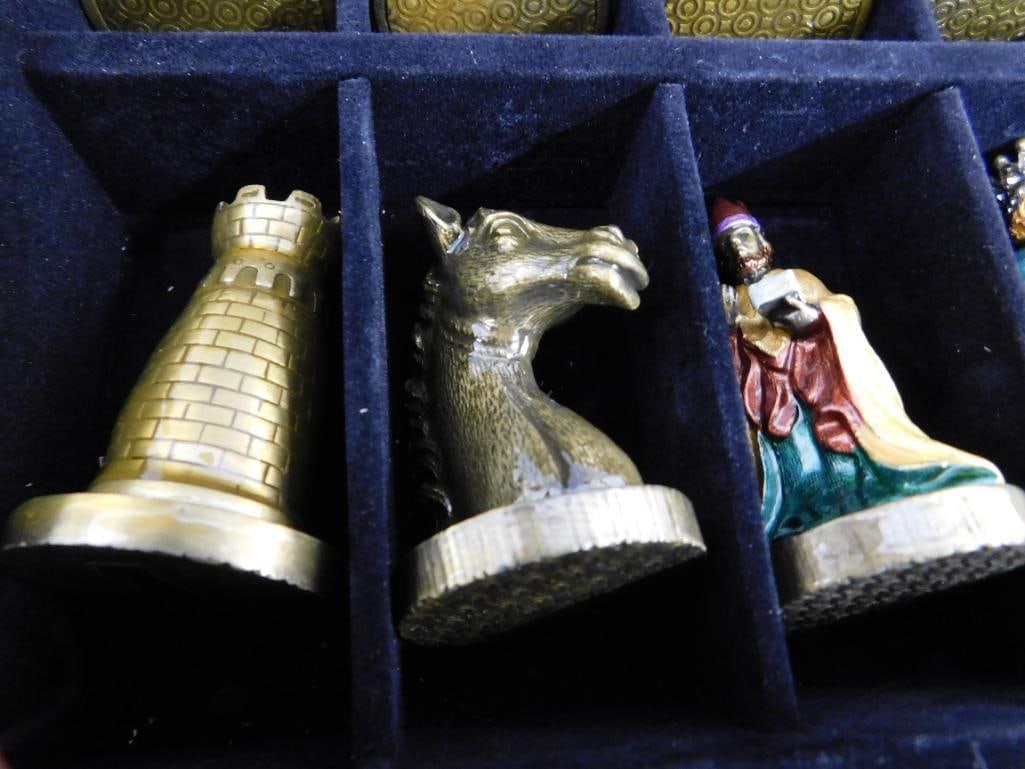 Modern Chess Box with Enameled Chess pieces - Complete - Box 5.25" x 14.5" x 14.5" - 3