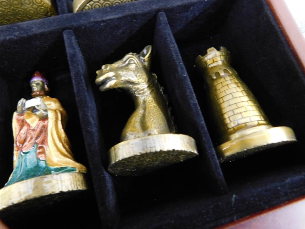 Modern Chess Box with Enameled Chess pieces - Complete - Box 5.25" x 14.5" x 14.5" - 5