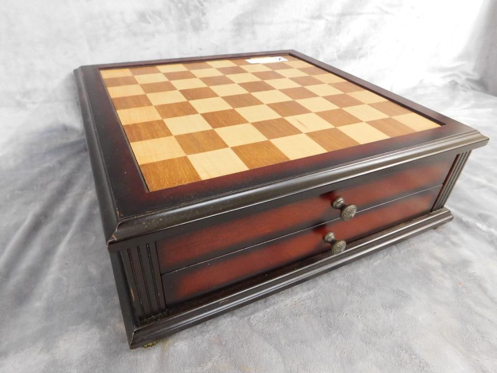 Modern Chess Box with Enameled Chess pieces - Complete - Box 5.25" x 14.5" x 14.5" - 9