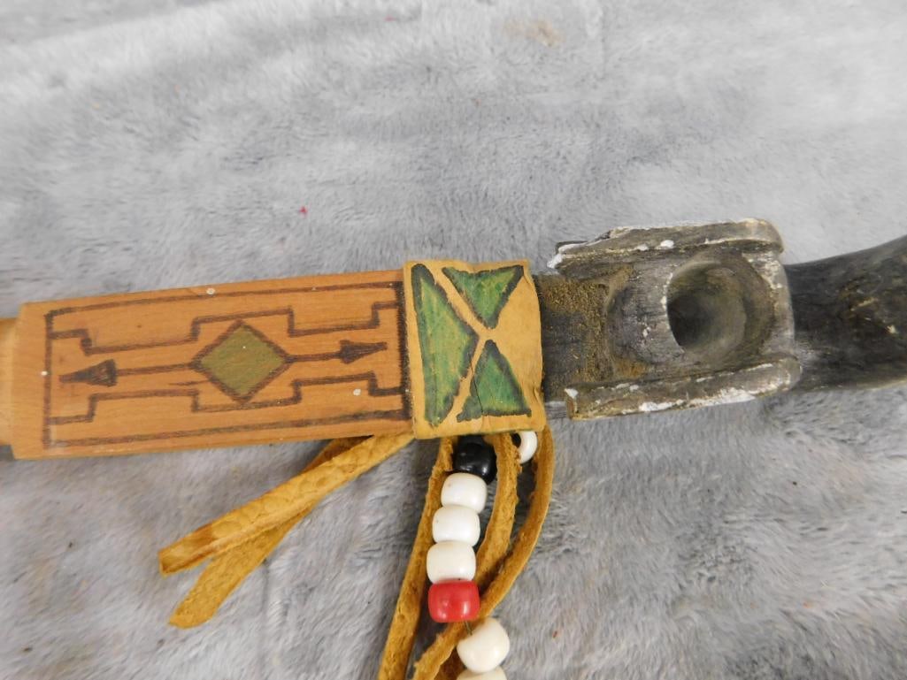 Native American Peace Pipe - Marked Crow - 20" Long - Eagle Soapstone Bowl - 5