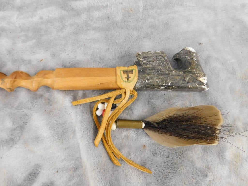 Native American Peace Pipe - Marked Crow - 20" Long - Eagle Soapstone Bowl - 9