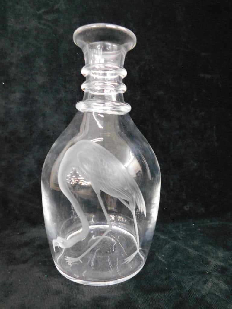 Excellently Etched Crystal Decanter - No Stopper - Signed Steuben - 8.5" x 4.5" - 10