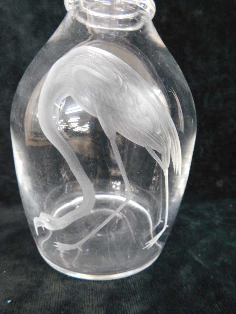 Excellently Etched Crystal Decanter - No Stopper - Signed Steuben - 8.5" x 4.5" - 2