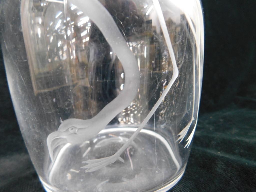 Excellently Etched Crystal Decanter - No Stopper - Signed Steuben - 8.5" x 4.5" - 4
