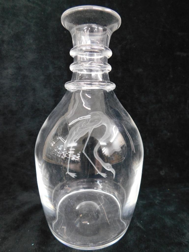 Excellently Etched Crystal Decanter - No Stopper - Signed Steuben - 8.5" x 4.5" - 5