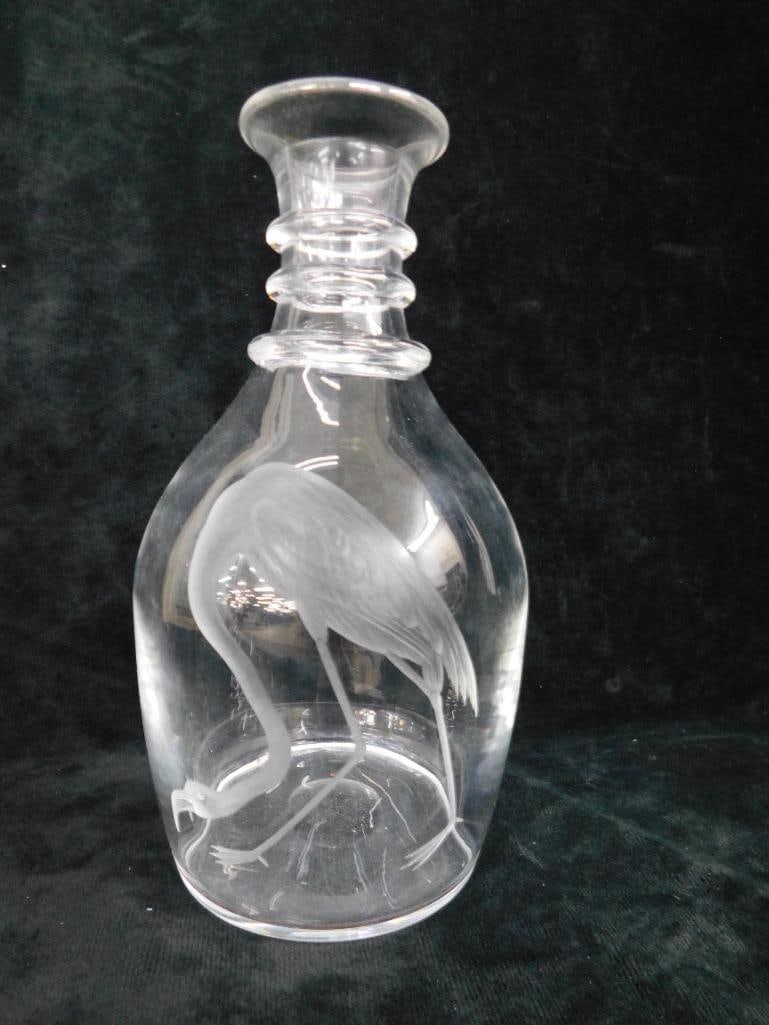 Excellently Etched Crystal Decanter - No Stopper - Signed Steuben - 8.5" x 4.5" - 9