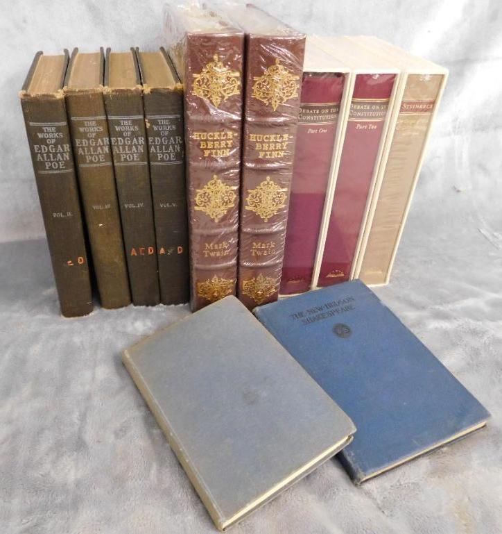 Vintage Books - 1903 Edgar Allen Poe Raven Edition Vol. 2-5 - 2: Mark Twain Adventures of Huckleberry Finn - Debate on The Constitution Vol. 1 & 2 - John Steinbeck Grapes of Wrath "Library of America" Edition - "Stories of King Arthurs Knights - 1908 "The New