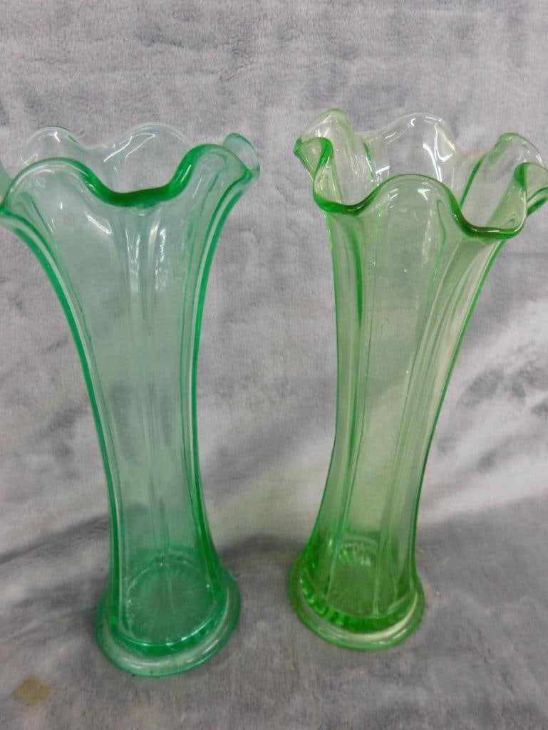Box Lot of 2 Vaseline / Uranium Glass Vases - Each 9" Tall - 2