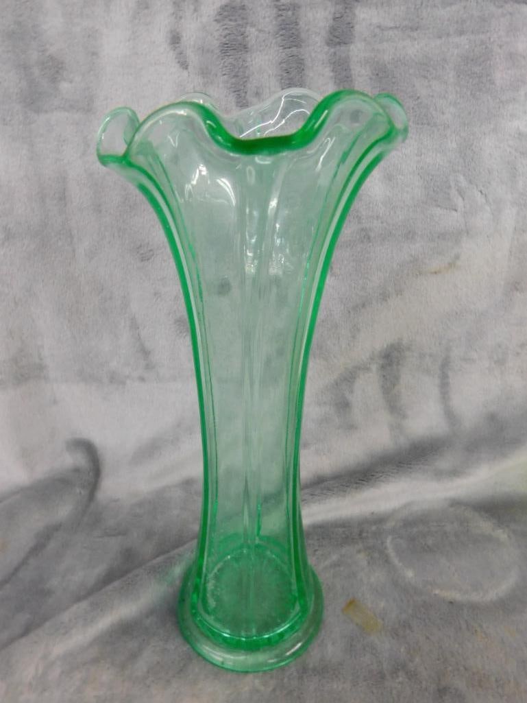 Box Lot of 2 Vaseline / Uranium Glass Vases - Each 9" Tall - 3
