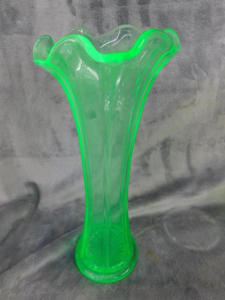 Box Lot of 2 Vaseline / Uranium Glass Vases - Each 9" Tall - 4