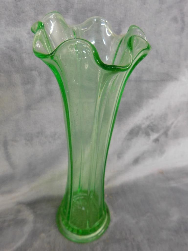 Box Lot of 2 Vaseline / Uranium Glass Vases - Each 9" Tall - 5