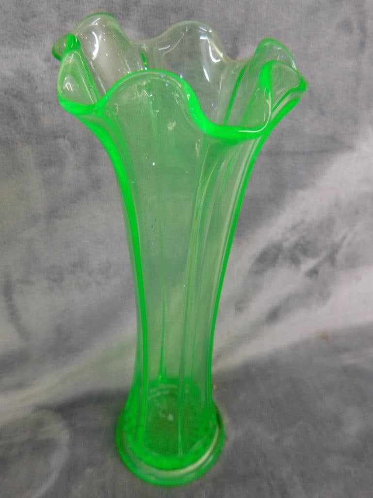 Box Lot of 2 Vaseline / Uranium Glass Vases - Each 9" Tall - 6