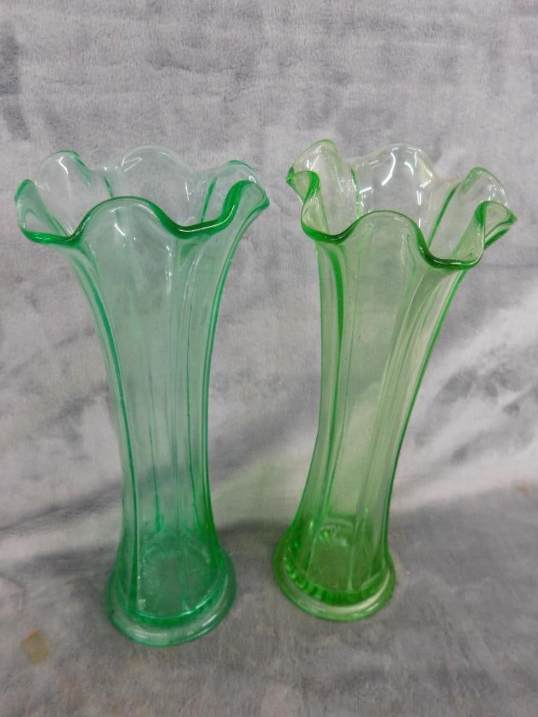 Box Lot of 2 Vaseline / Uranium Glass Vases - Each 9" Tall - 7