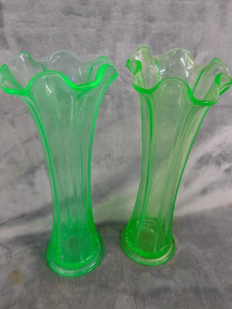 Box Lot of 2 Vaseline / Uranium Glass Vases - Each 9" Tall - 8