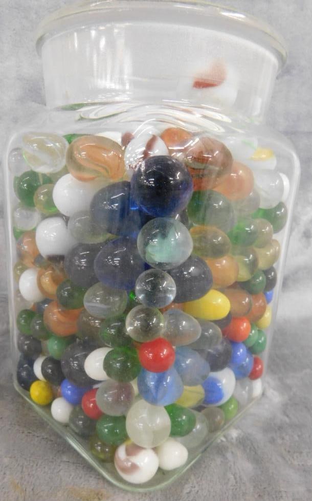 Jar of Marbles - Jar is 7.5" x 5" x 5": See Photos For Condition and Details
