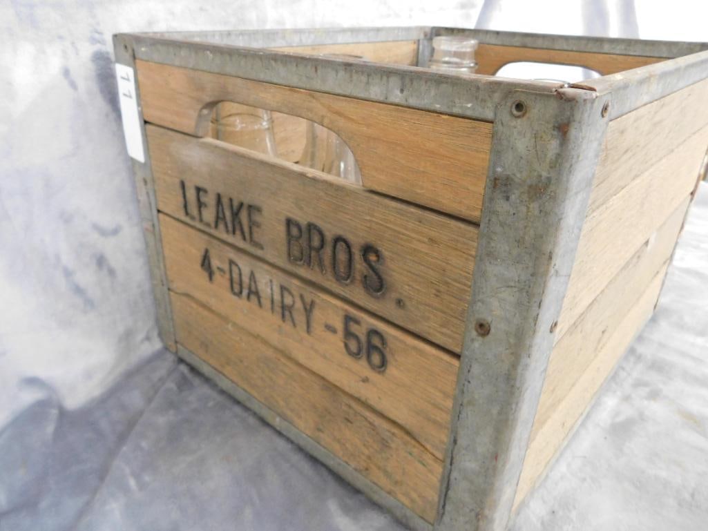 Vintage Leake Bros. Dairy Wood Milk Crate with 14 Misc. Milk Bottles - 2