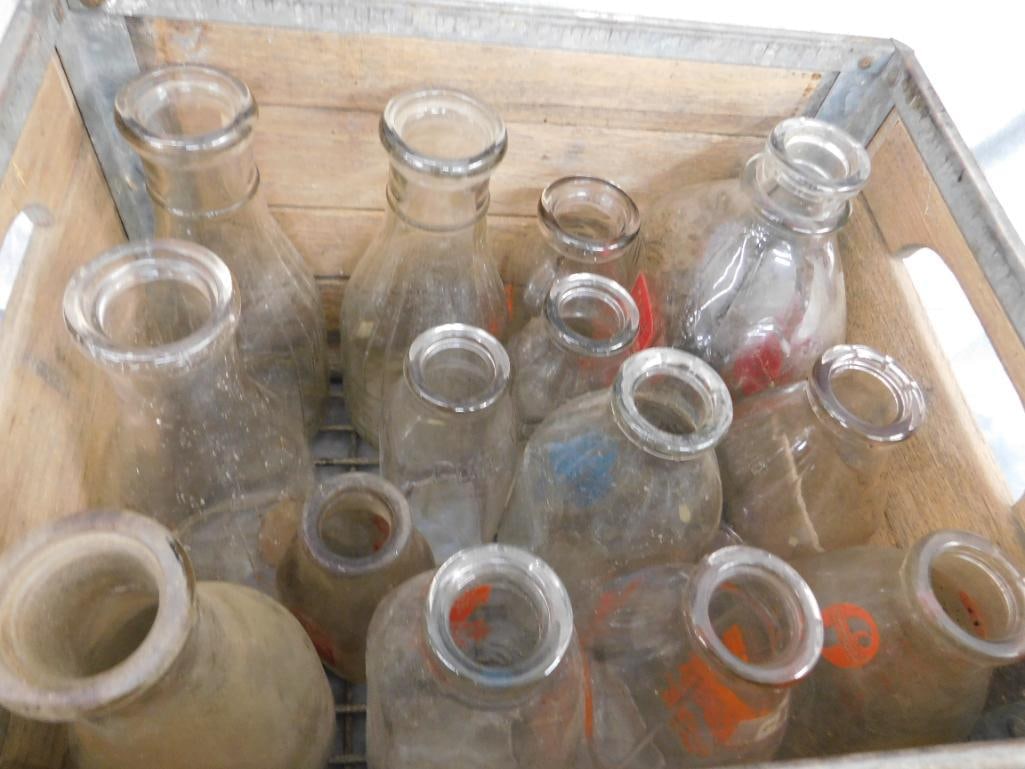 Vintage Leake Bros. Dairy Wood Milk Crate with 14 Misc. Milk Bottles - 3