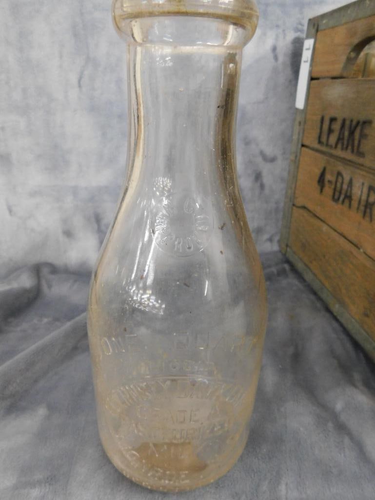 Vintage Leake Bros. Dairy Wood Milk Crate with 14 Misc. Milk Bottles - 8