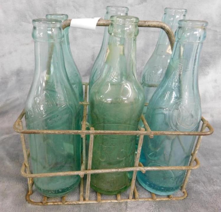 Vintage Metal 6 Pack Holder - 6 Vintage Bottles: 2 Chero Cola - King Cola - Lime Cola - 3C - Mint Cola - See Photos For Condition and Details