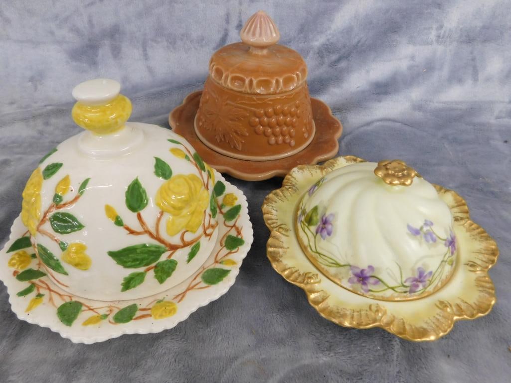 Group of 3 Vintage Domed Butter Dishes - 1 Agate Glass - 2 Porcelain - 3.5" to 6" Tall - 11