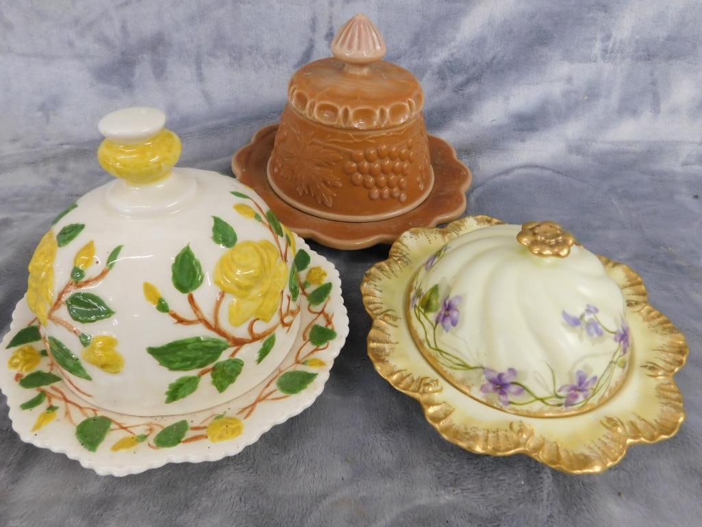 Group of 3 Vintage Domed Butter Dishes - 1 Agate Glass - 2 Porcelain - 3.5" to 6" Tall - 12