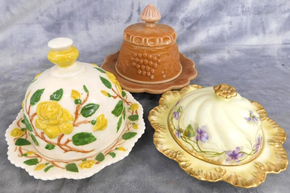 Group of 3 Vintage Domed Butter Dishes - 1 Agate Glass - 2 Porcelain - 3.5" to 6" Tall: See Photos For Condition and Details