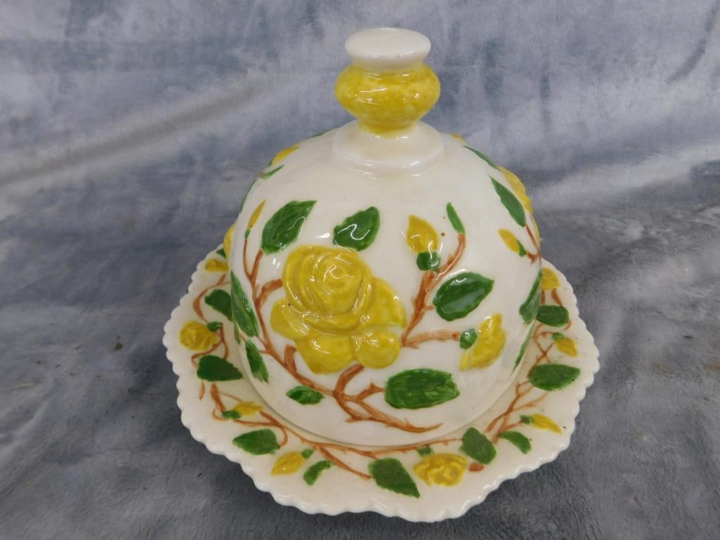 Group of 3 Vintage Domed Butter Dishes - 1 Agate Glass - 2 Porcelain - 3.5" to 6" Tall - 2