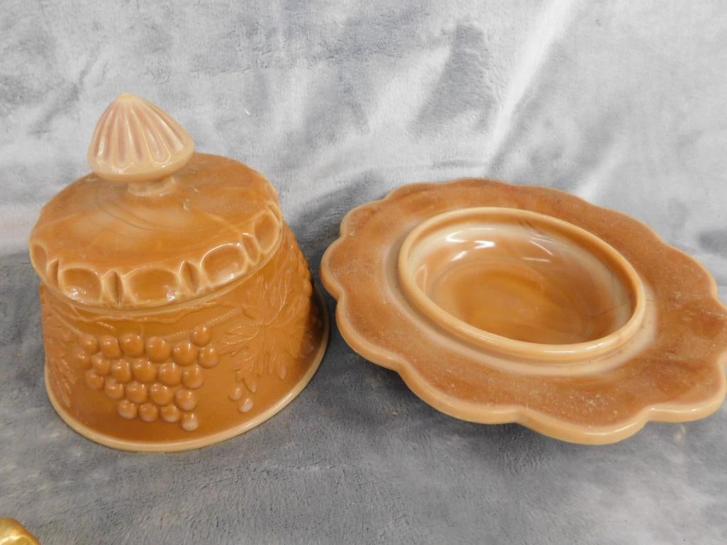 Group of 3 Vintage Domed Butter Dishes - 1 Agate Glass - 2 Porcelain - 3.5" to 6" Tall - 6