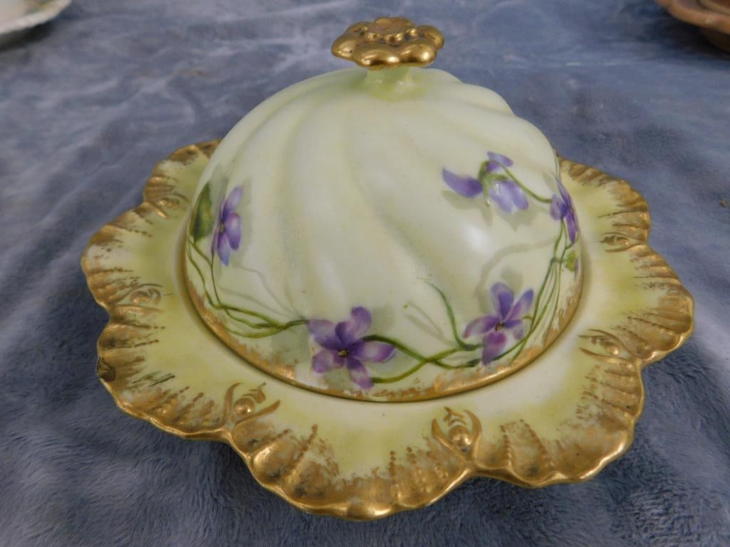 Group of 3 Vintage Domed Butter Dishes - 1 Agate Glass - 2 Porcelain - 3.5" to 6" Tall - 8
