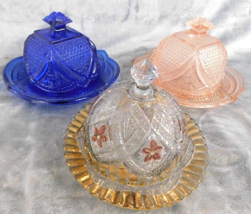 Group of 3 Vintage Domed Butter Dishes - All Glass - 5" to 6" Tall: See Photos For Condition and Details