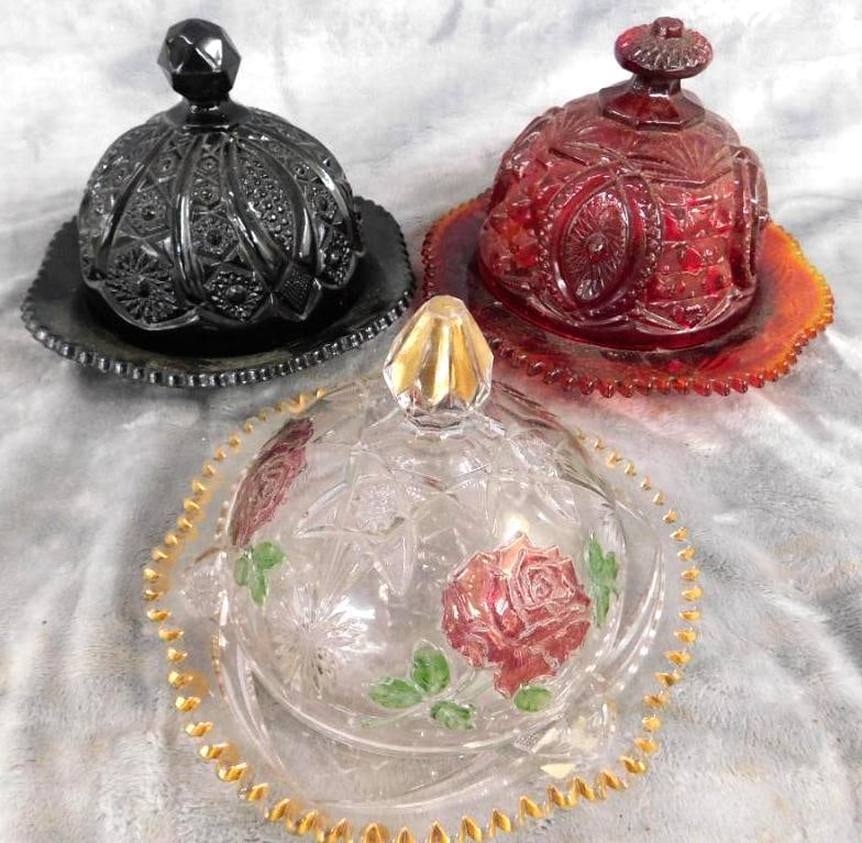 Group of 3 Vintage Domed Butter Dishes - All Glass - 5" to 5.5" Tall: See Photos For Condition and Details